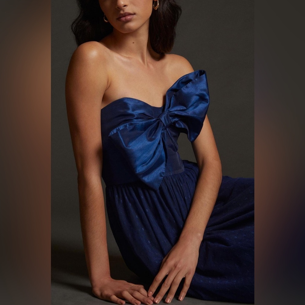 NWT Hutch Tulle Blue Bow Strapless Tiered Wedding Guest Cocktail Midi Dress 6 - Picture 4 of 9